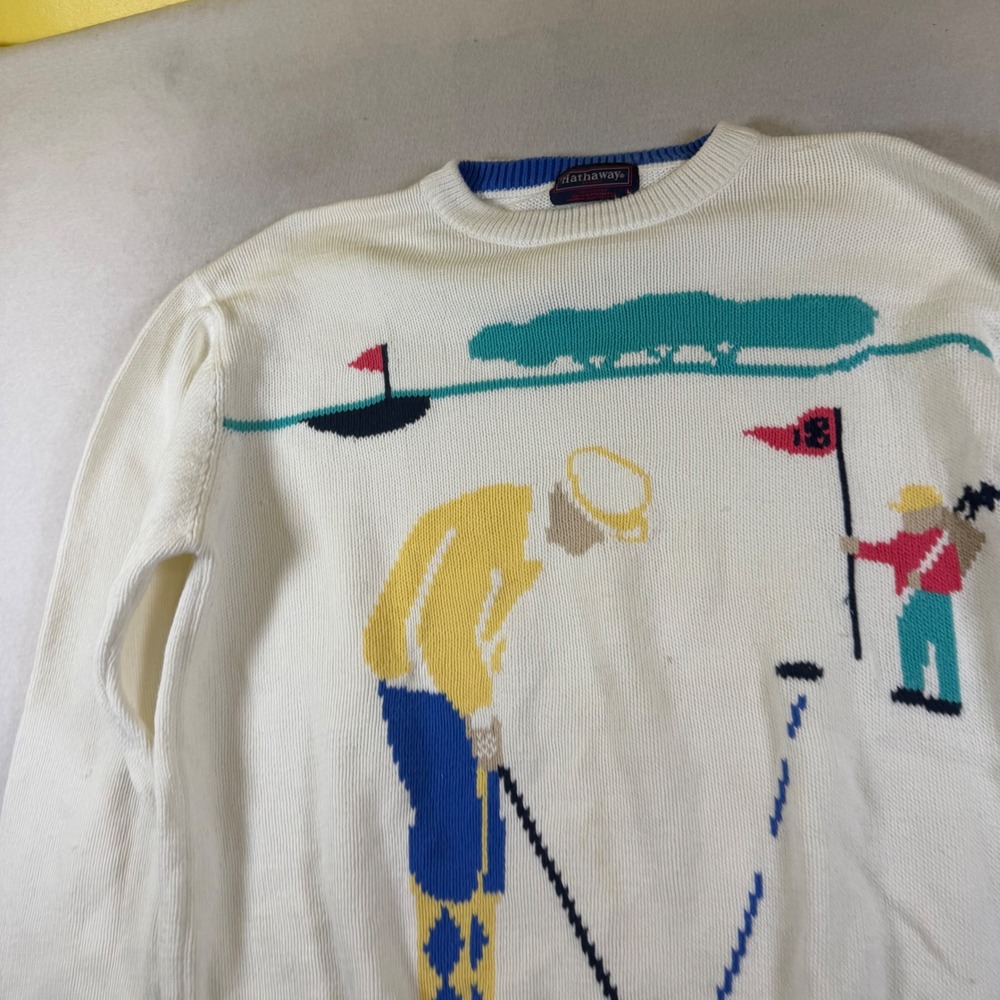 Vintage Hathaway Mens White Cotton Golf Graphic Intarsia Knit Sweater Large